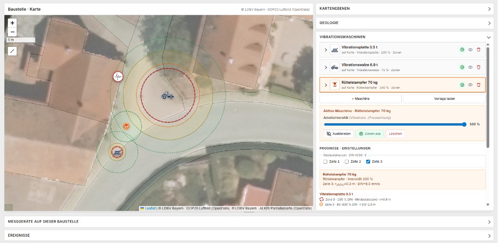 Baustelle - drei Vibrationsmaschinen mit Prognosezonen und Abstandshinweisen
