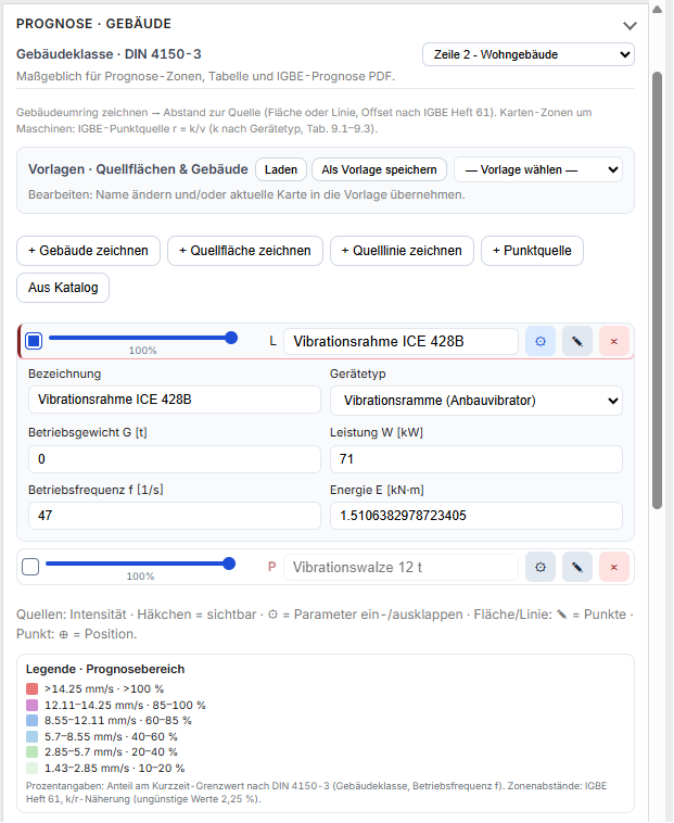 Seitenmenü Maschinenparameter und Legende